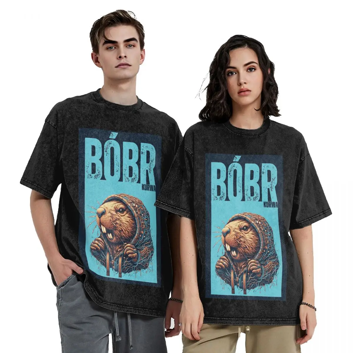 Bober Bbr Beaver Washed T Shirts Harajuku Short Sleeve Hip Hop T-Shirt Streetwear Tops Tees for Men Women