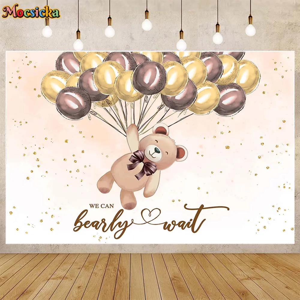 

Mocsicka We Can't Barely Wait to Meet You Photo Background Brown Bear Balloon Baby Shower Photography Backdrops Props Decoration