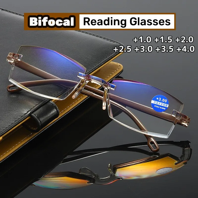 

Bifocal Reading Glasses Diamond-cut Anti-Blue Light Near & Far Men Far-sight Eyewear Retro Rimless Eyeglasses Diopter +1.0 +4.0