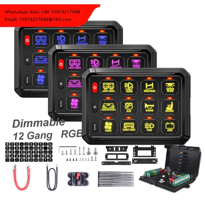 Marine Boat Automotive ON-Off RGB Dimming 12 Gang Switch Panel 12V 24V With Circuit Control Box For Offroad Light