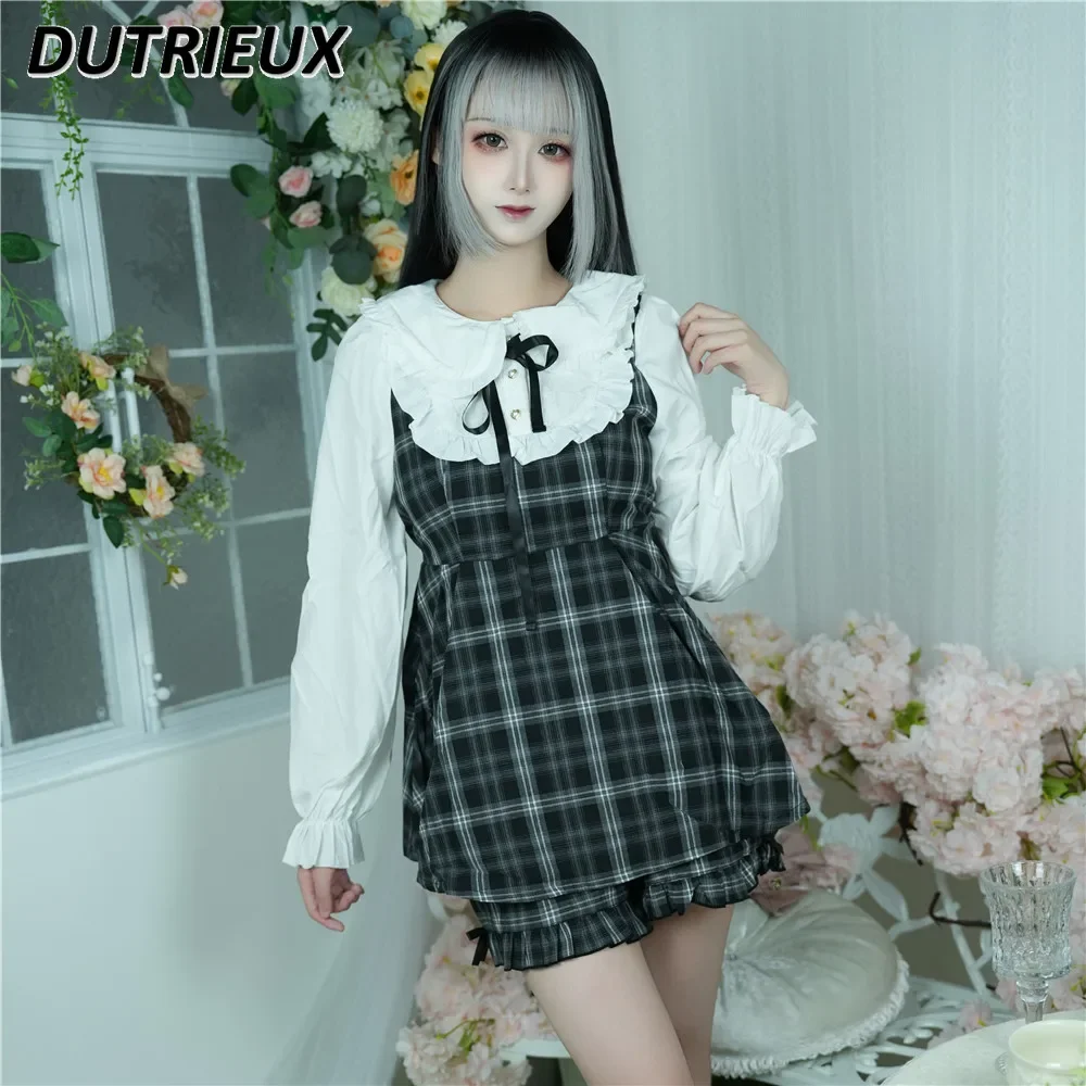 Japanese New Mine Series Mass-produced Plaid Slimming Long-sleeved Dress and Base Shorts Sweet Two Piece Sets Womens Outifits