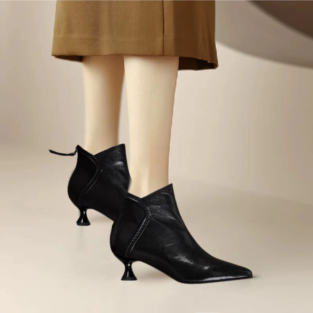 

French Soft Leather Pointed Toe Short Boots Women's Thin Heel Slim V Mouth Cat Heel Autumn Winter New Style Foot Slimming Ankle