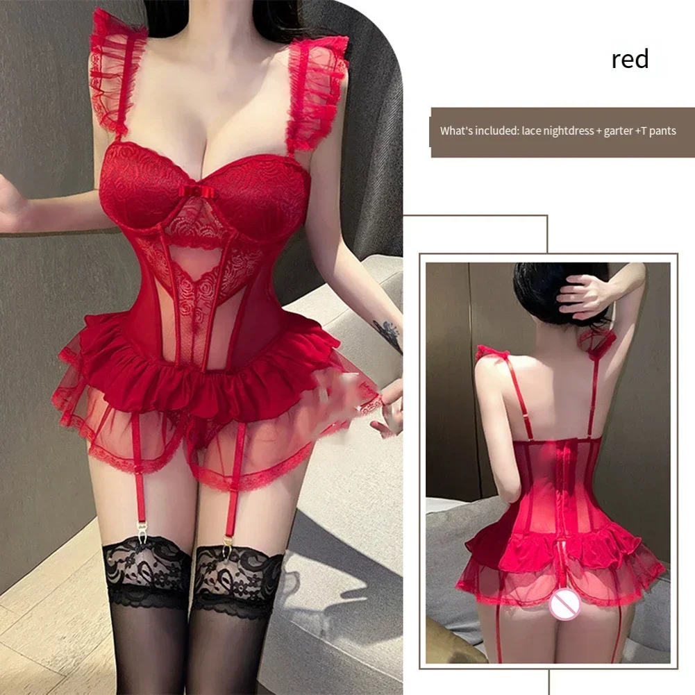 Women Sexy Lingerie Bodysuit Push Up Bra Corset Garters Thongs Lace Slip Dress