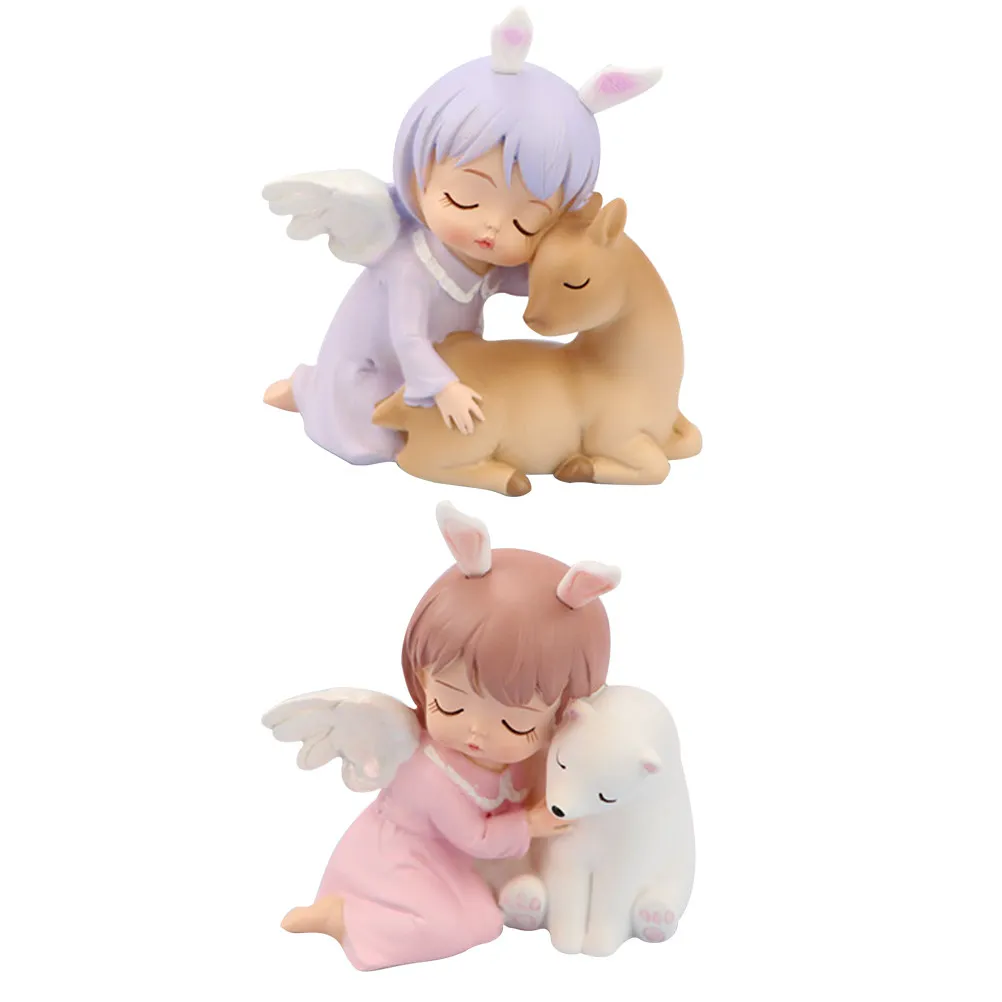 Resin Cake Topper Set 2pcs Angel Theme Baking Decoration for Birthday Party Car Desk Shelf Decor
