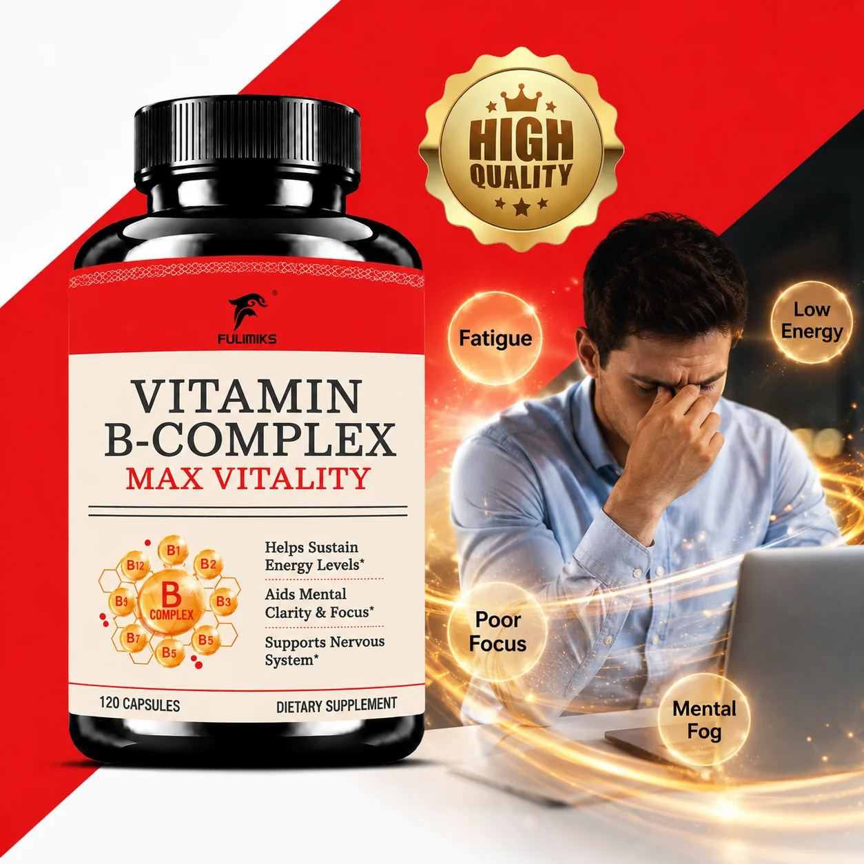 Vitamin B Complex Capsules for Adults, with Folic Acid, Biotin, Promote Cellular Energy Production, Mental Focus & Clarity