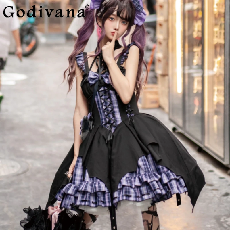New Personality Jsk Gothic Ballet Subculture Plaid Lolita Neck Dress Fashion High Waist A-line Irregular Strap Princess Dresses