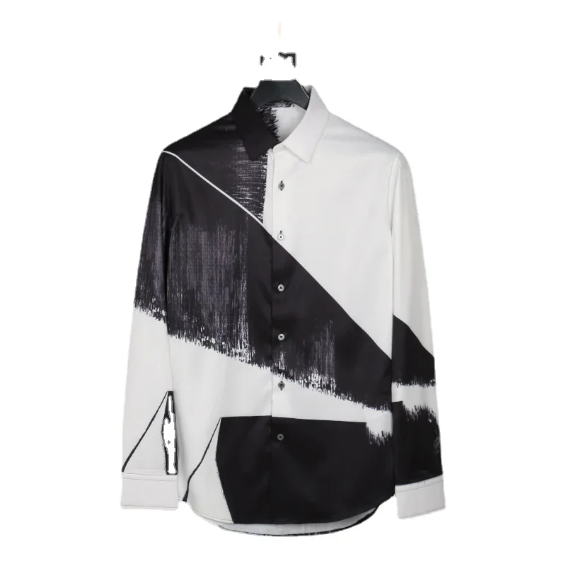 New men's non ironing long sleeved shirt, fashionable and trendy black and white patchwork printed shirt, one piece for shipping