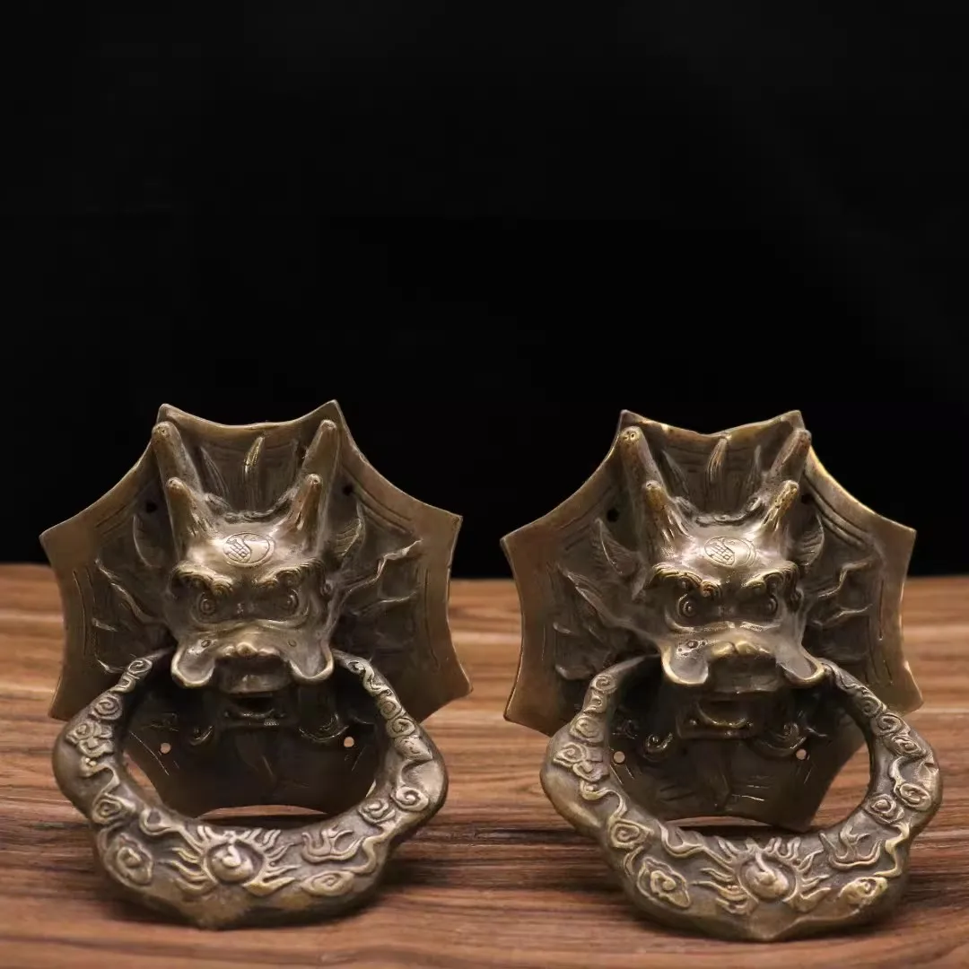 A Pair Chinese Brass Door Knocker with Dragon Head Carved Home Decor Door Handle