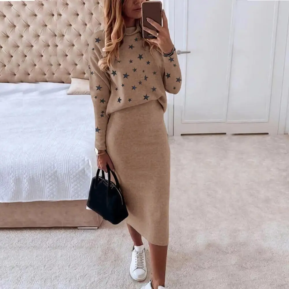 1 Set Blouse Skirt Five-pointed Star Print High Waist Autumn Winter Bodycon Pencil Skirt Suit Office Lady Outfit Streetwear