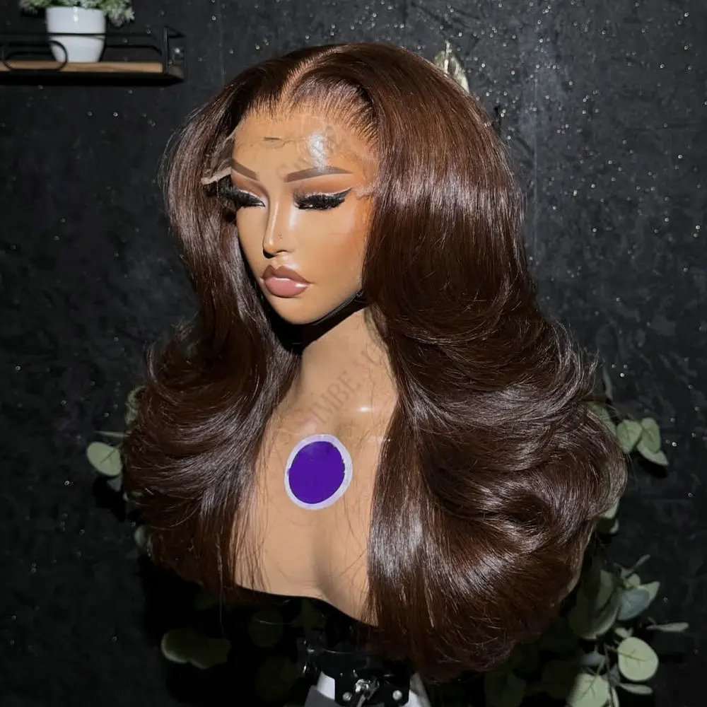 

Dark Chocolate Brown Full Lace Wig Remy Indian Human Hair Loose Wave Glueless Per Plucked13x6Lace5x5HD Lace Wig for Black Women