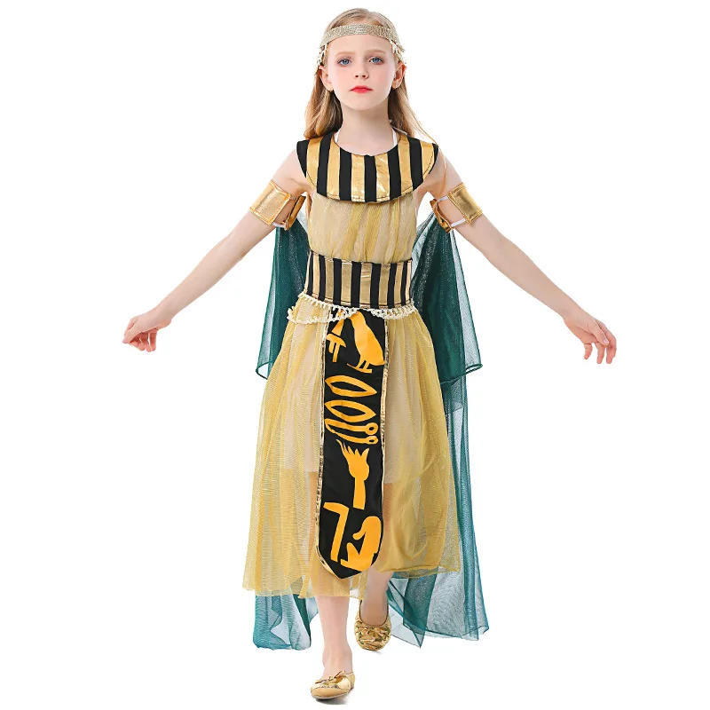 Dziecko Halloween Cosplay Cleopatra coste Kids girl Girls egipt Nile Queen złota sukienka zielony płaszcz Purim Party Book Day Cosplay