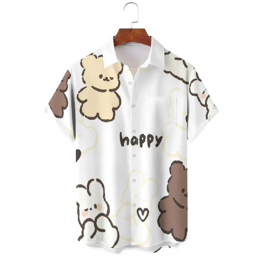 

2024 summer men's new fashion Happy Bear printed shirt trend leisure luxury pure cotton high-end high-quality crewneck shirt