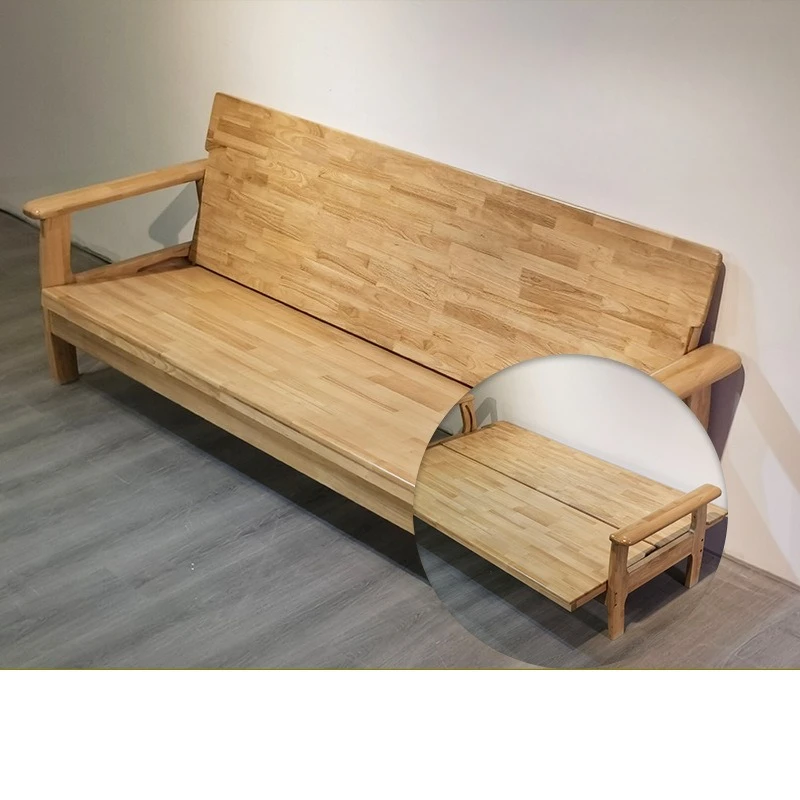 

Small apartment rental room full solid wood sofa bed foldable dual-purpose sofa living room rubber wood sofa