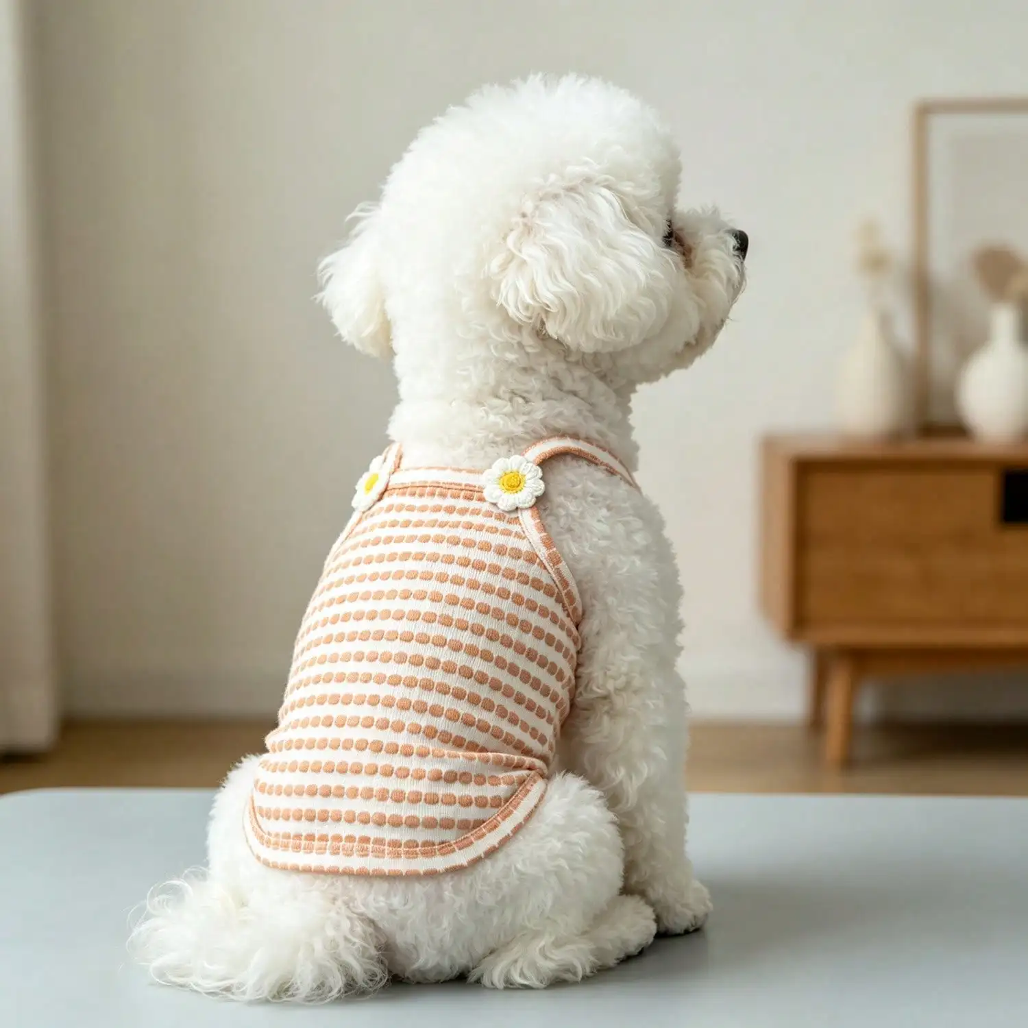 1 Stück gestreiftes Strick-Hundetanktop mit 3D-Frucht-Blumen-Ornament, atmungsaktive Welpenweste für kleine Hunde – Detail 6