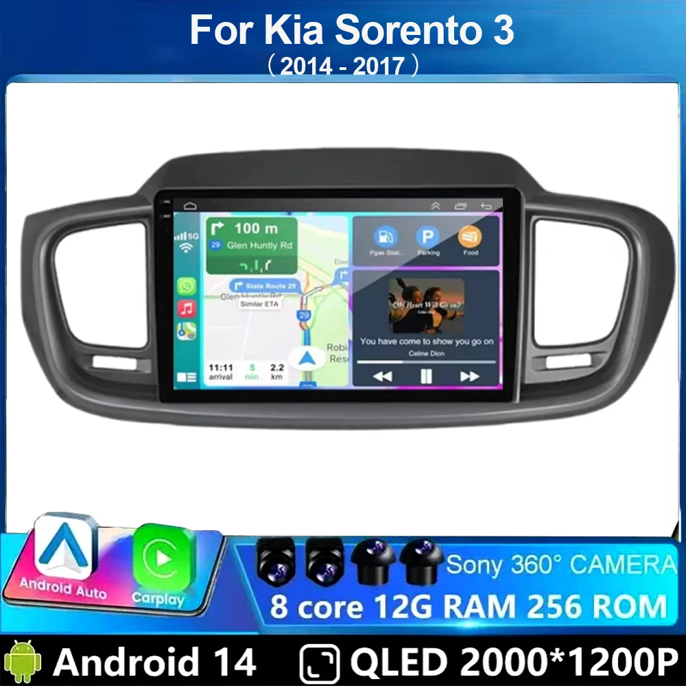 

For Kia Sorento 3 2014 2015 2016 2017 Android 14 Carplay Auto 4G+WIFI GPS Car Radio Navigation Multimedia Video Player Stereo BT