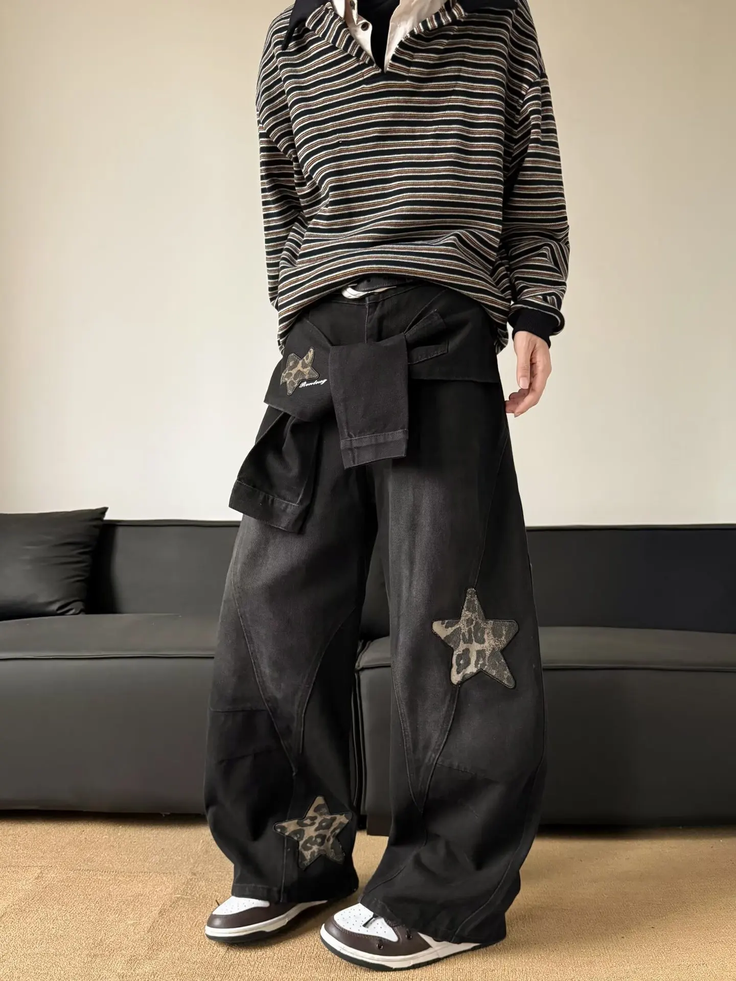 Men's Black Washed Baggy Wide Leg Jeans Leopard Print Star Patch Fake Layer Waist Design Hip Hop Street Style Casual Daily Outing Loose Denim Trousers
