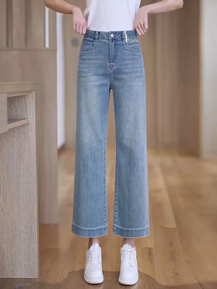 

Женские летние тонкие джинсы Slim Fit с широкими штанинами, повседневные, с высокой талией, прямого кроя, в корейском стиле, для офиса и города