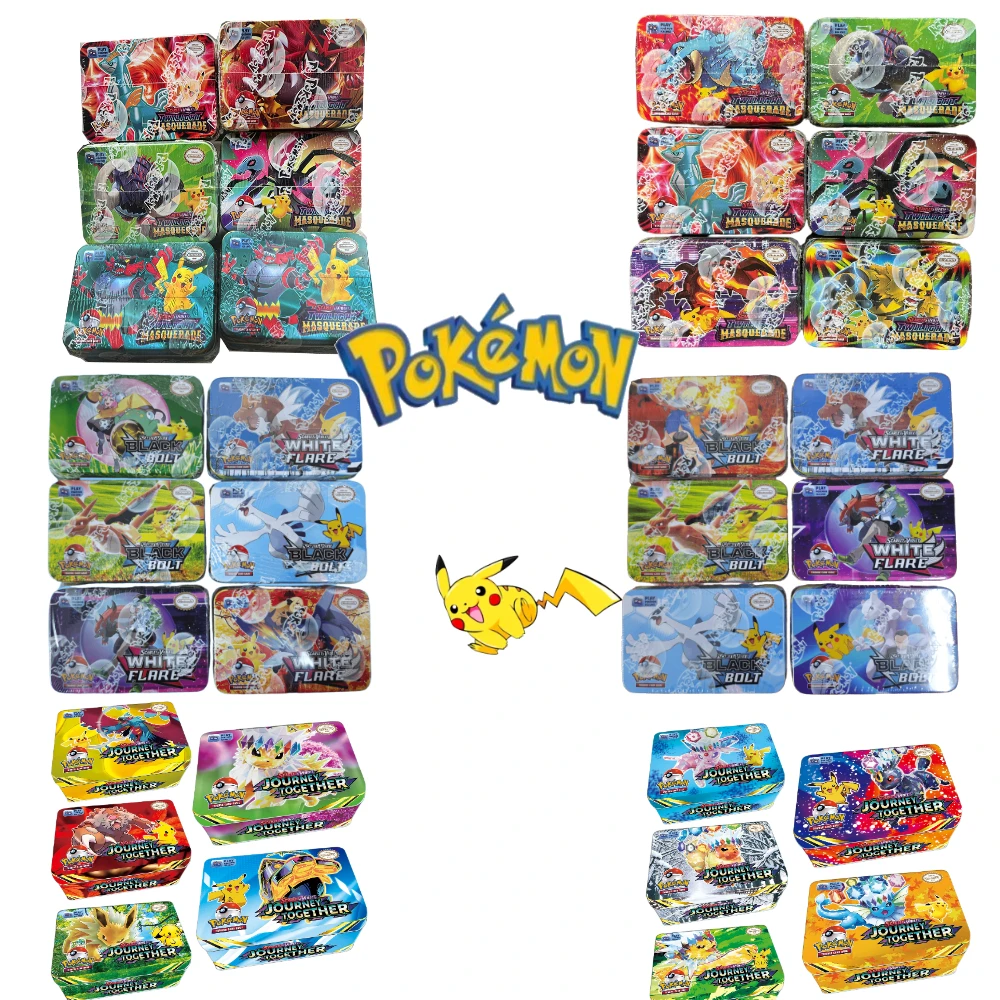 42pcs/set Iron Box English Spanish Pokemon Battle Cards Toys White Flare Black Bolt Pikachu Game Anime Bank Cards Battle Cards