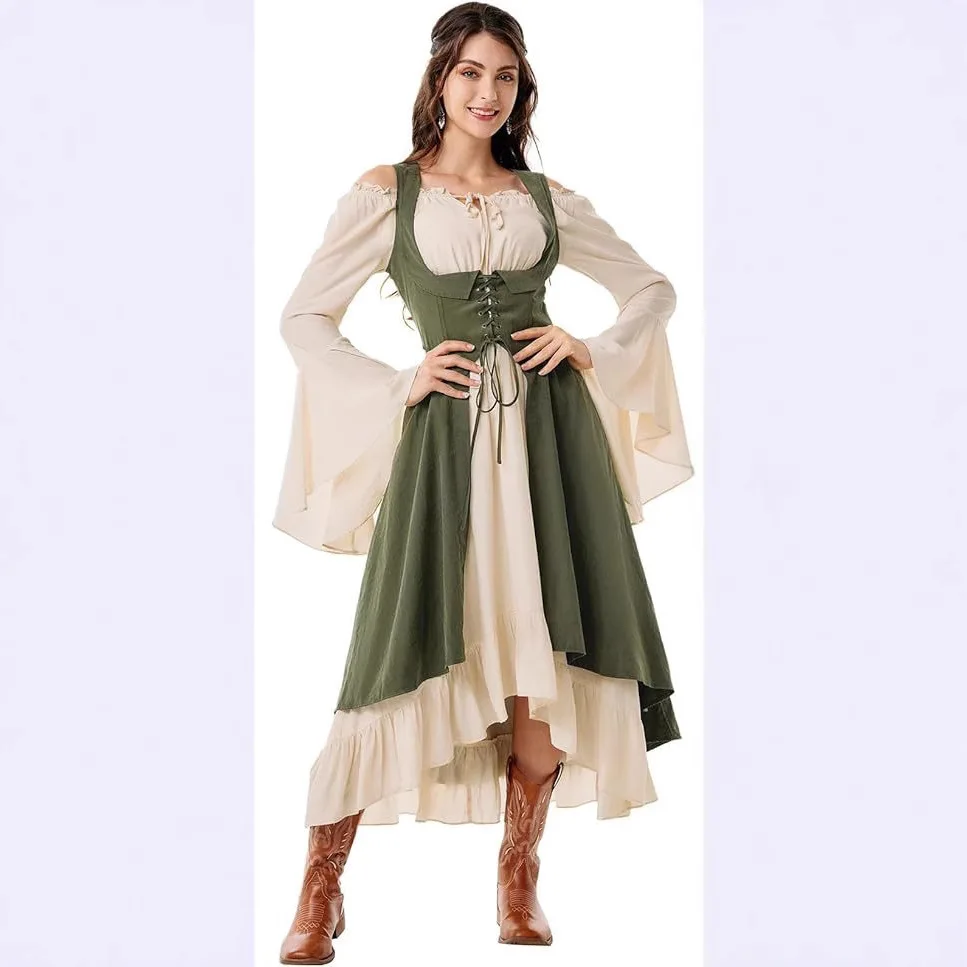 Women's Renaissance Clothing Medieval Dress Vintage Performance Pirate High-low Dress with Mouth Two-piece Set Cosplay