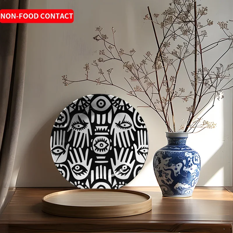 1pc Modern Minimalist Black and White Ceramic Decorative Plate - Eye-Catching Hand Eye Tribal Pattern, Non-Food Contact Safe