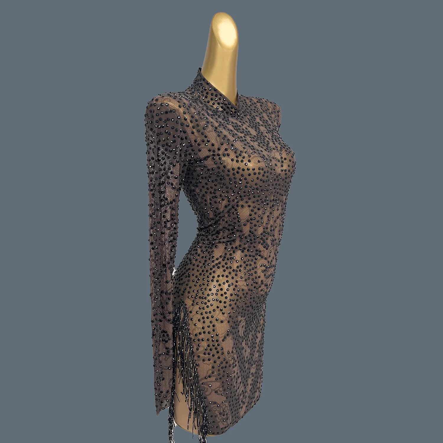 

Sparkly Rhinestones Tassel Mini Dress for Women Sexy Birthday Party Evening Dress Transparent Mesh Dress Photograph Wear Diban
