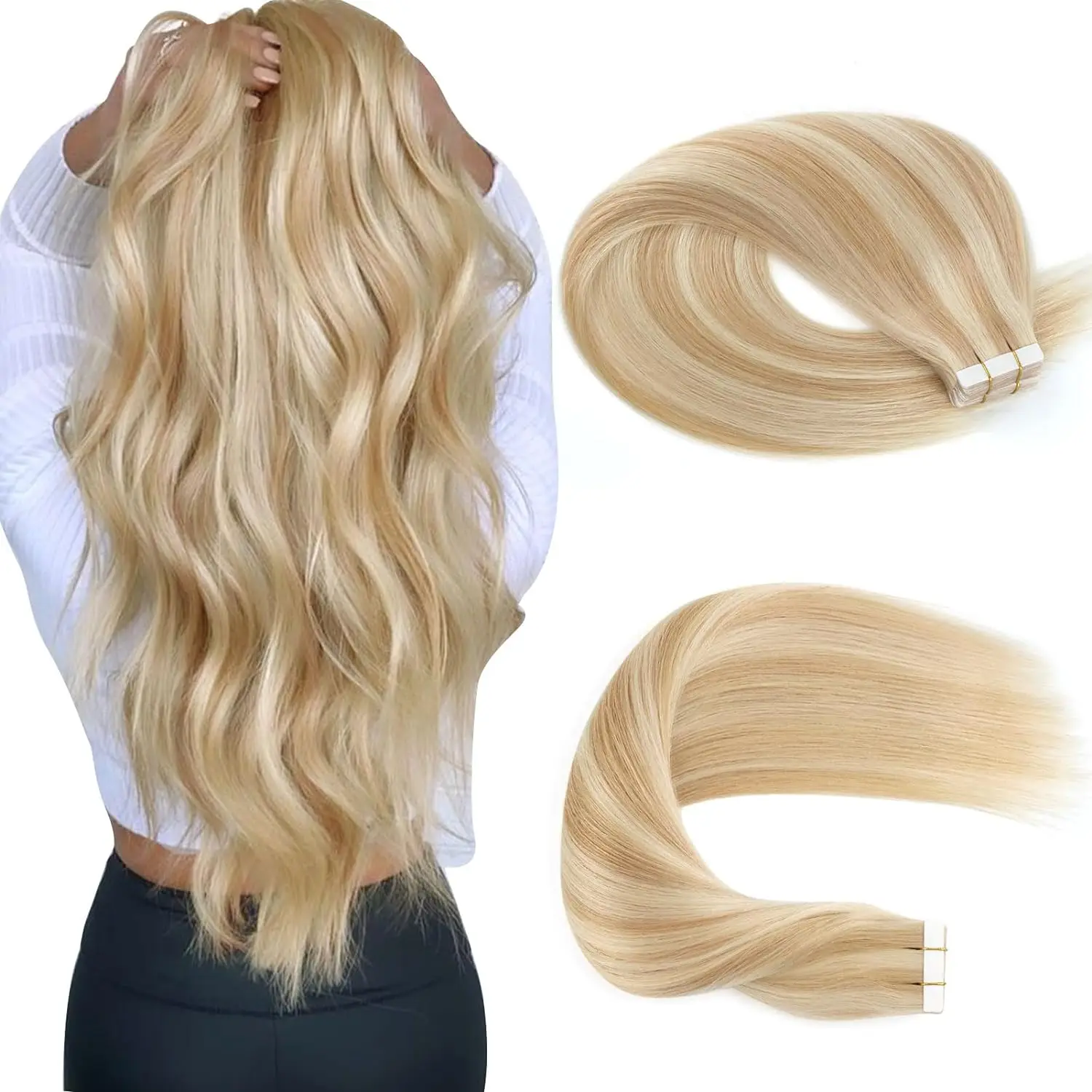 #8/613 Highlight Blonde Bone Straight Tape In Human Hair Extensions 100% Human Hair Extensions Skin Weft Adhesive Glue For Salon