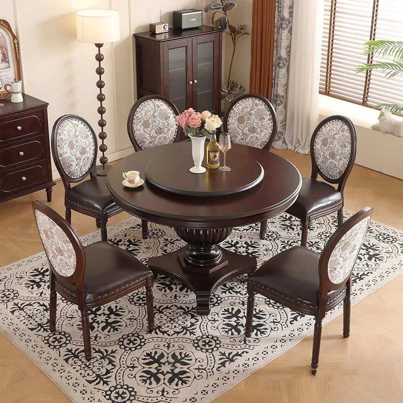 Vintage Unique Rotating Tray Dining Table 6 Chairs Mid Century Modern Dining Table Round Solid Wood Mesas De Jantar Furniture