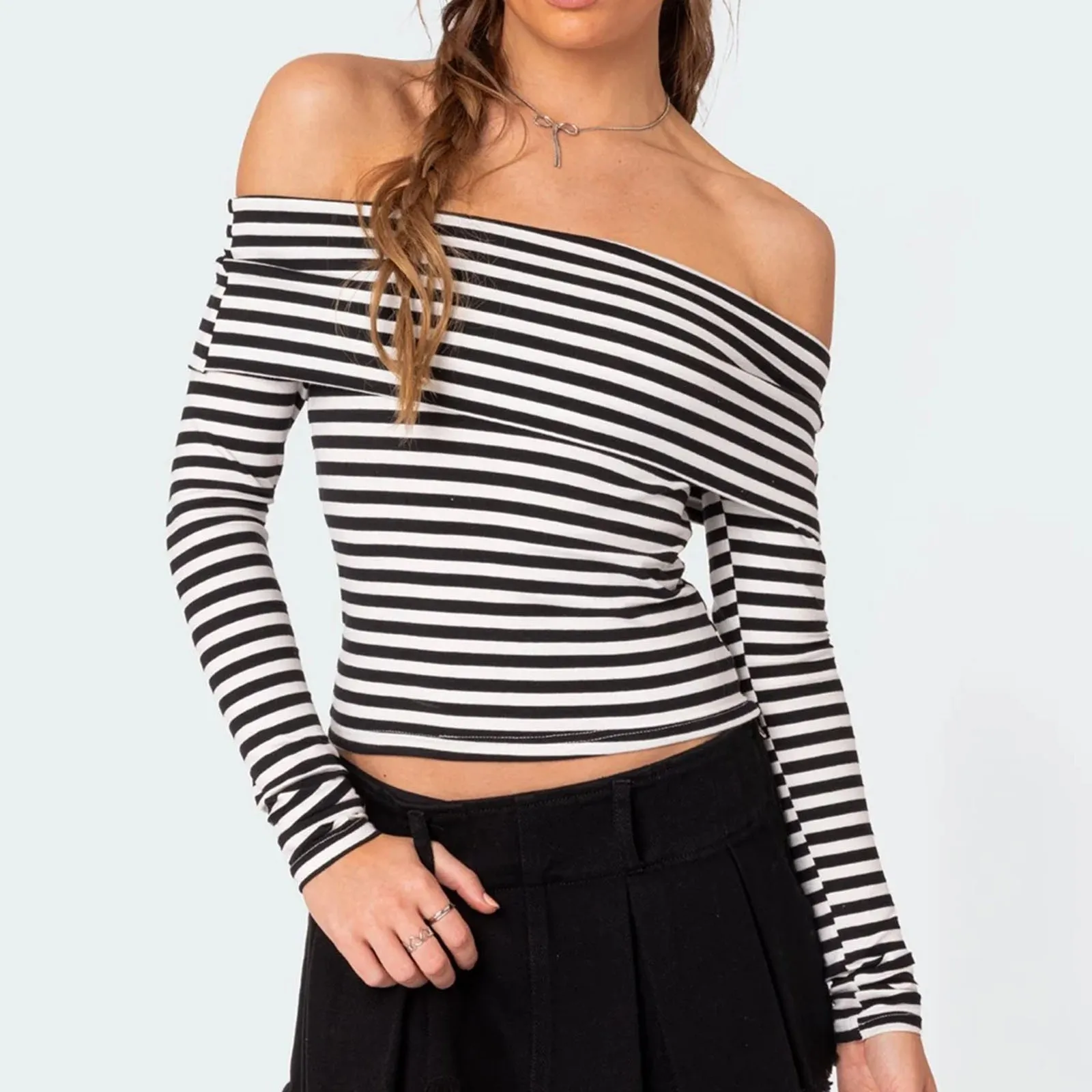 Sexy Off Shoulder Striped Crop Tops Casual Fall Women Long Sleeve Slim Tees Tops Streetwear Bare Midriff T-Shirt