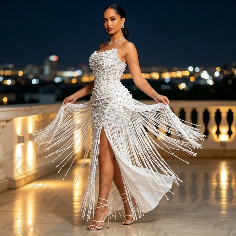 Customized Luxury White Strapless Fishtail Evening Gowns with Off Shoulder Studs and Tassels Mid Length Slim Fit  Party Dresses