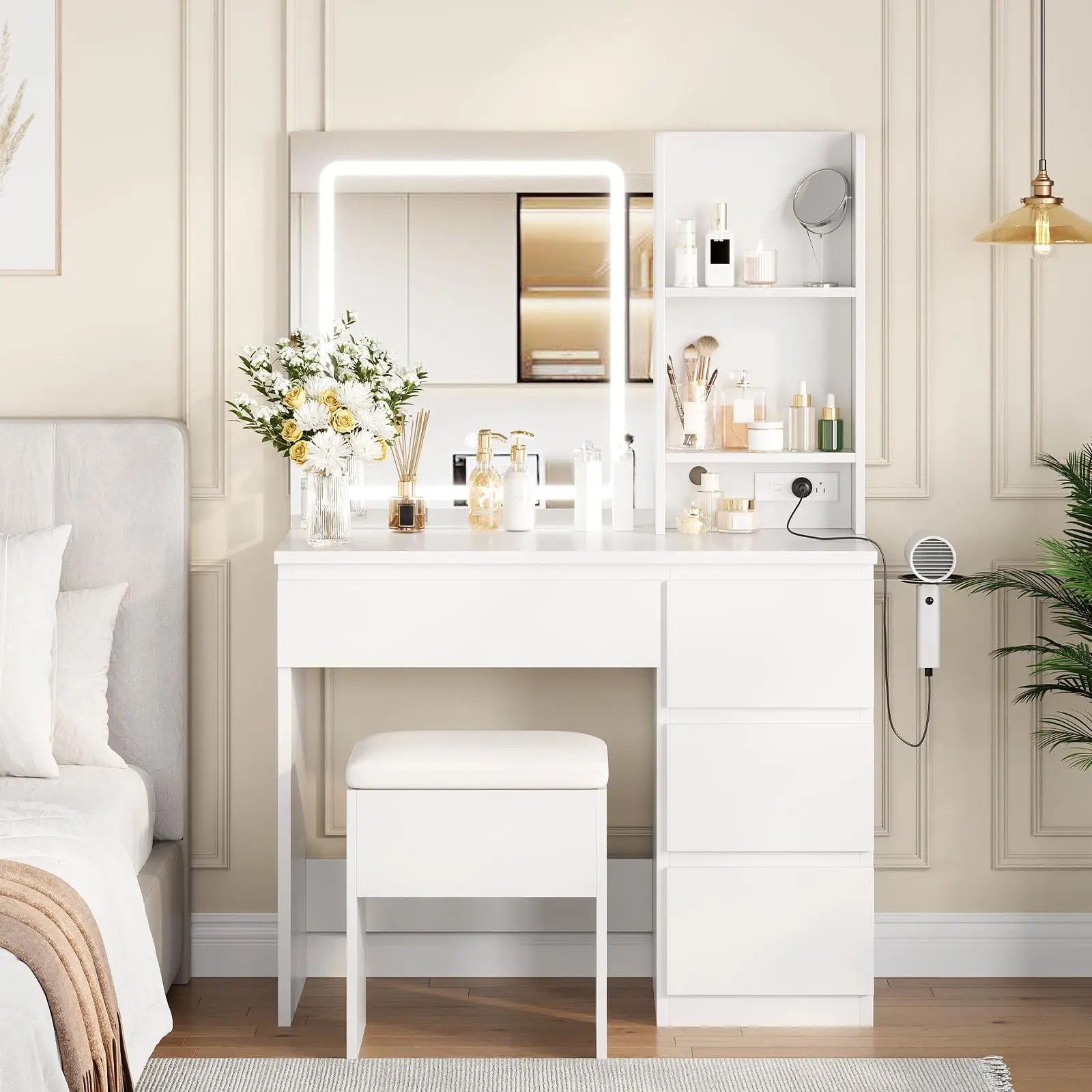 Vanity Desk with Mirror and Lights - Modern Makeup Dressing Table with Outlets, Storage Stool, 4 Drawers & Hair Dryer Holder - 3 Colors LED Vanity Mirror, Vanities for Bedroom