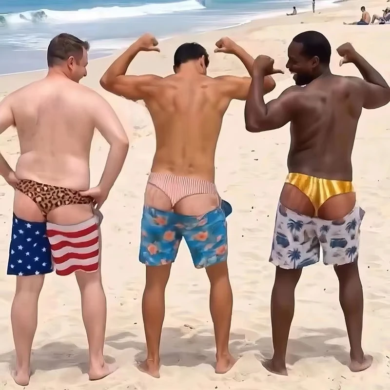 Shorts de bain amusants pour hommes, effet illusion d'optique, imprimé string, nouveauté, drôles, pour assortir en famille