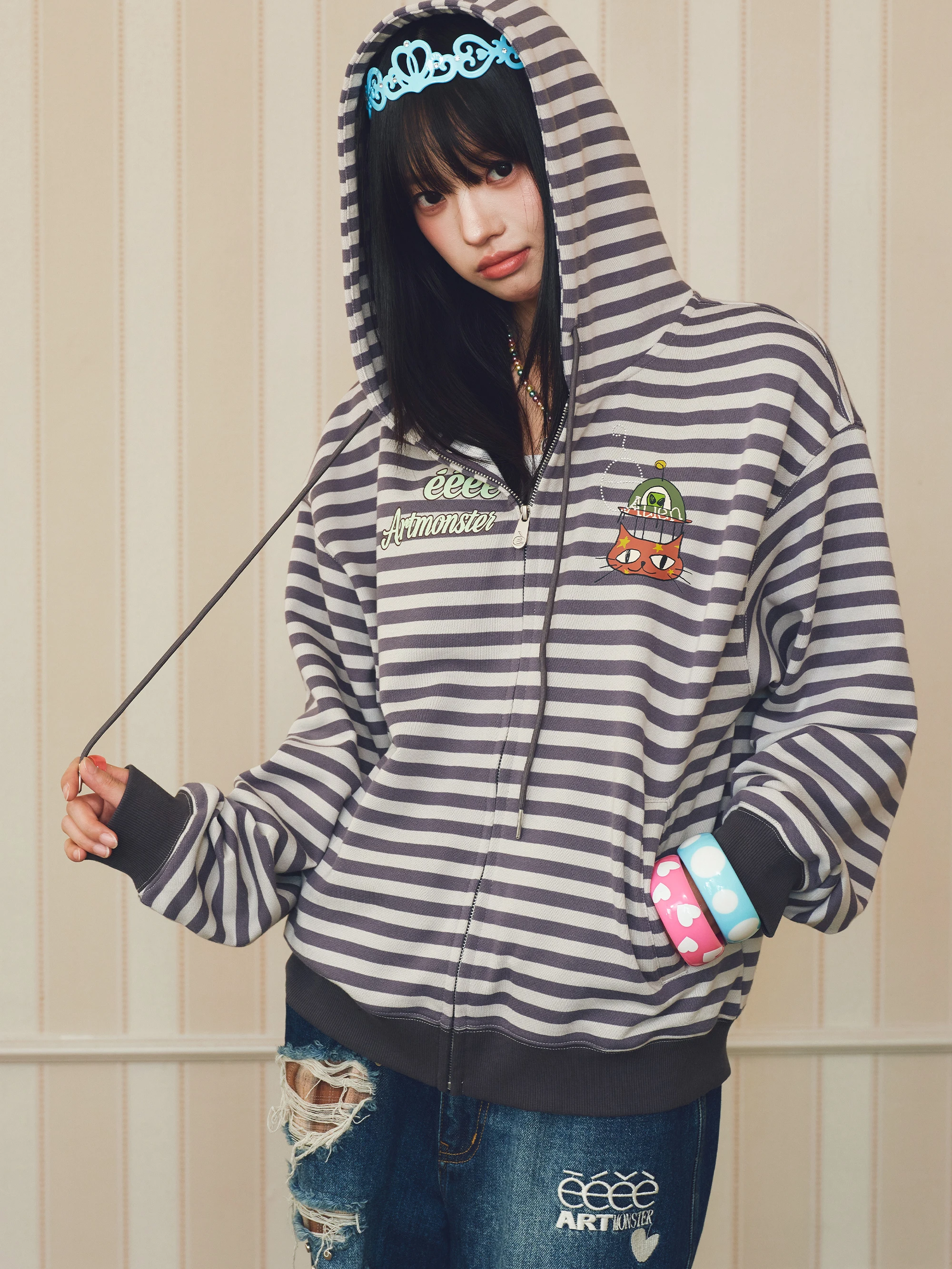 UFO  Graffiti Hoodie Diamond Lettering Stripe Design Men's Long Sleeve Sweatshirt Cute Style Digital Direct Print China Made