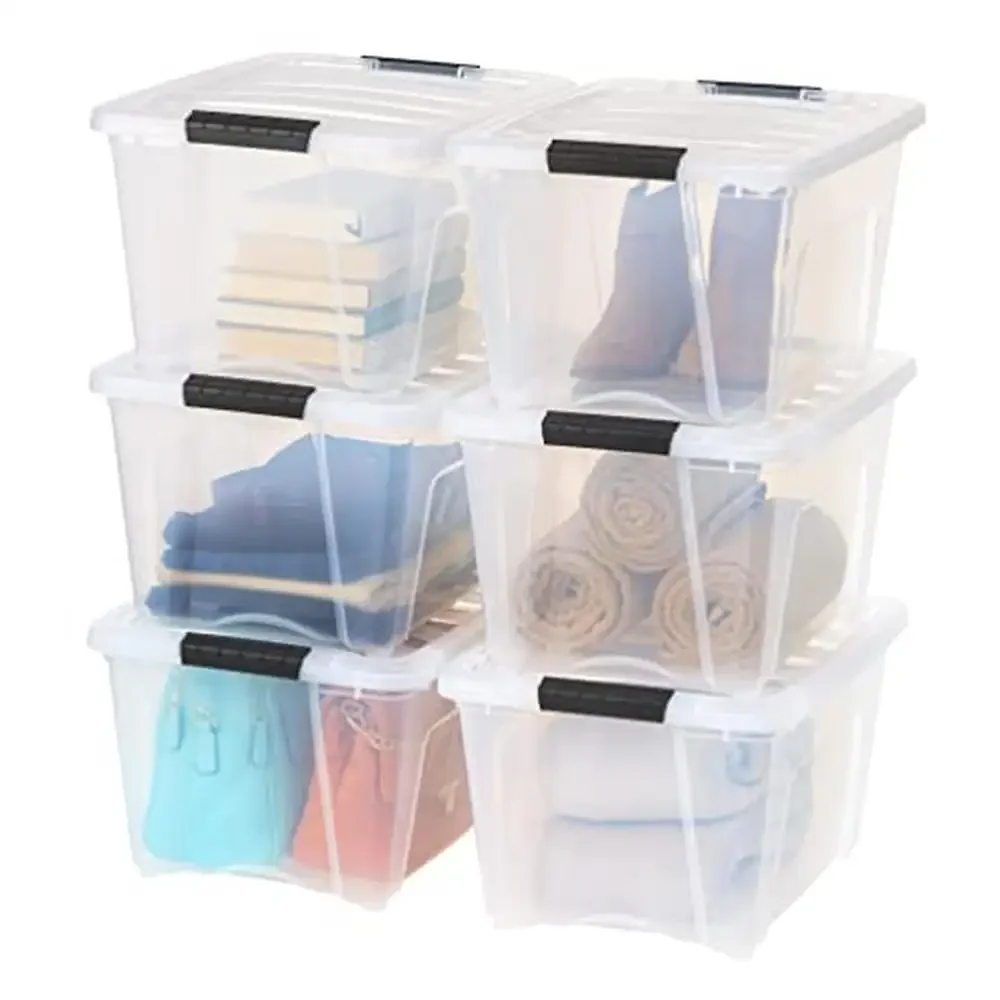 

Stackable Storage Bins USA Made 32 Quart Clear Containers with Lids 6 Pack See-Through Design Latching Buckles and Pull Handle