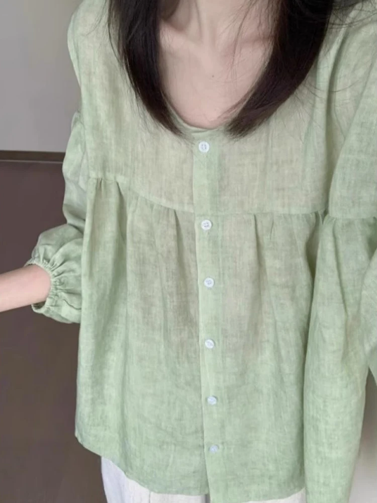 

Linen Cotton Long Sve irt Women Summer Outerwear Sun Protection Thin Sle Loose Cotton Linen Doll irt Button up Top