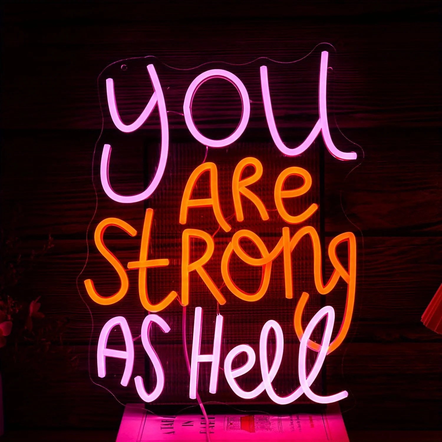 You Are Strong As Hell LED Neon Sign Pink Orange Empowering Quote USB Powered Dimmable Wall Art for Gym Bedroom Decor