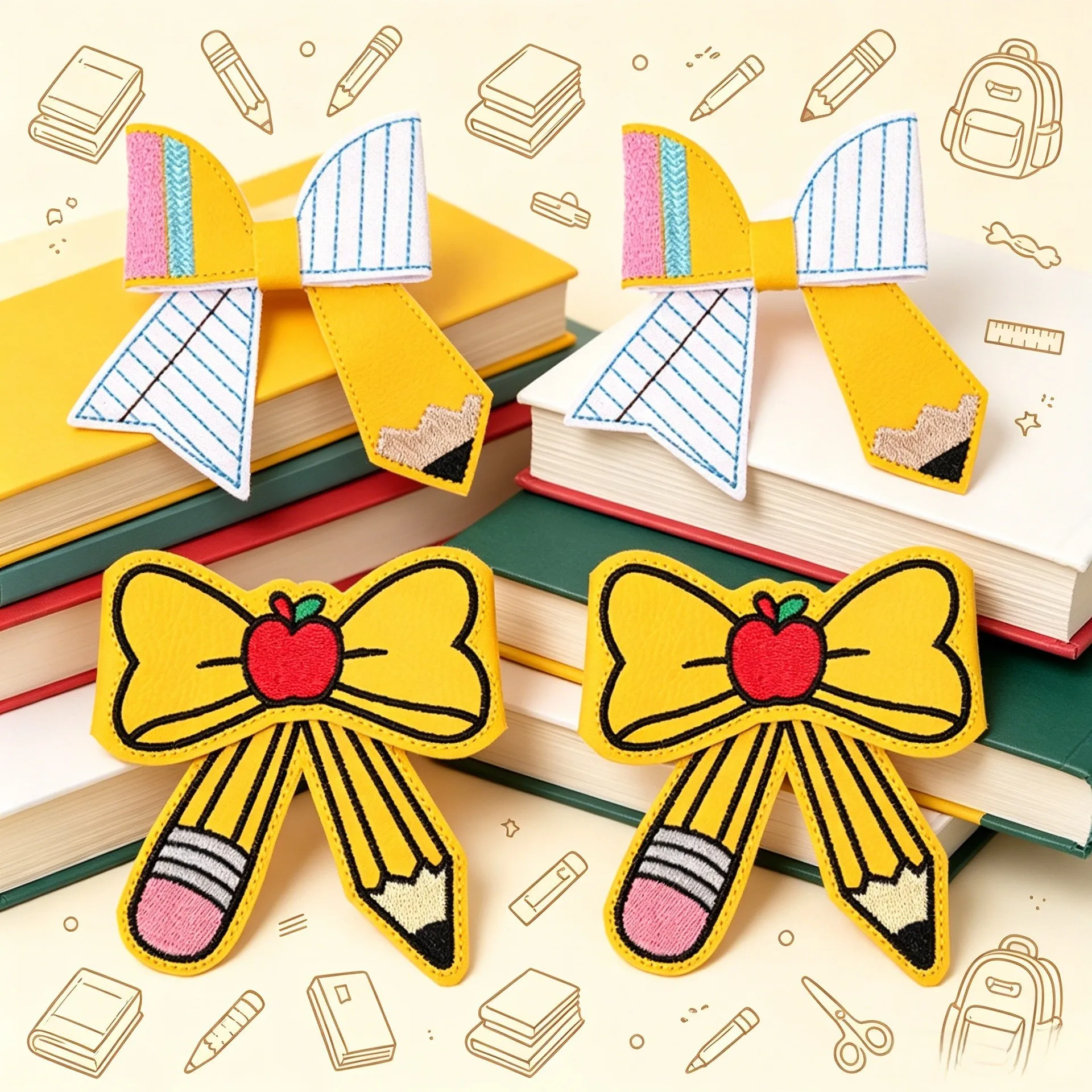

24pc Leather Hair Clips for Girls Crayon Pencil Print Bow Hairpin Embroidery Barrette Kid's Hair Accessories for Back to School