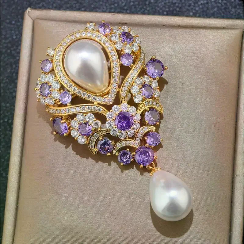 Fashionable Violet Pearl Pendant Luxurious Rhinestone Inlaid Brooch Charming Jewelry Accessories For Banquet Dresses Gifts