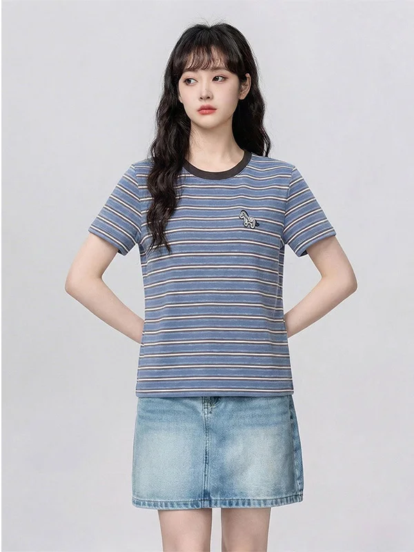 Chic Korean Style Striped Short Sleeve T-Shirt Women's round Neck Color Block Youthful Top Trendy Summer Casual Cotton
