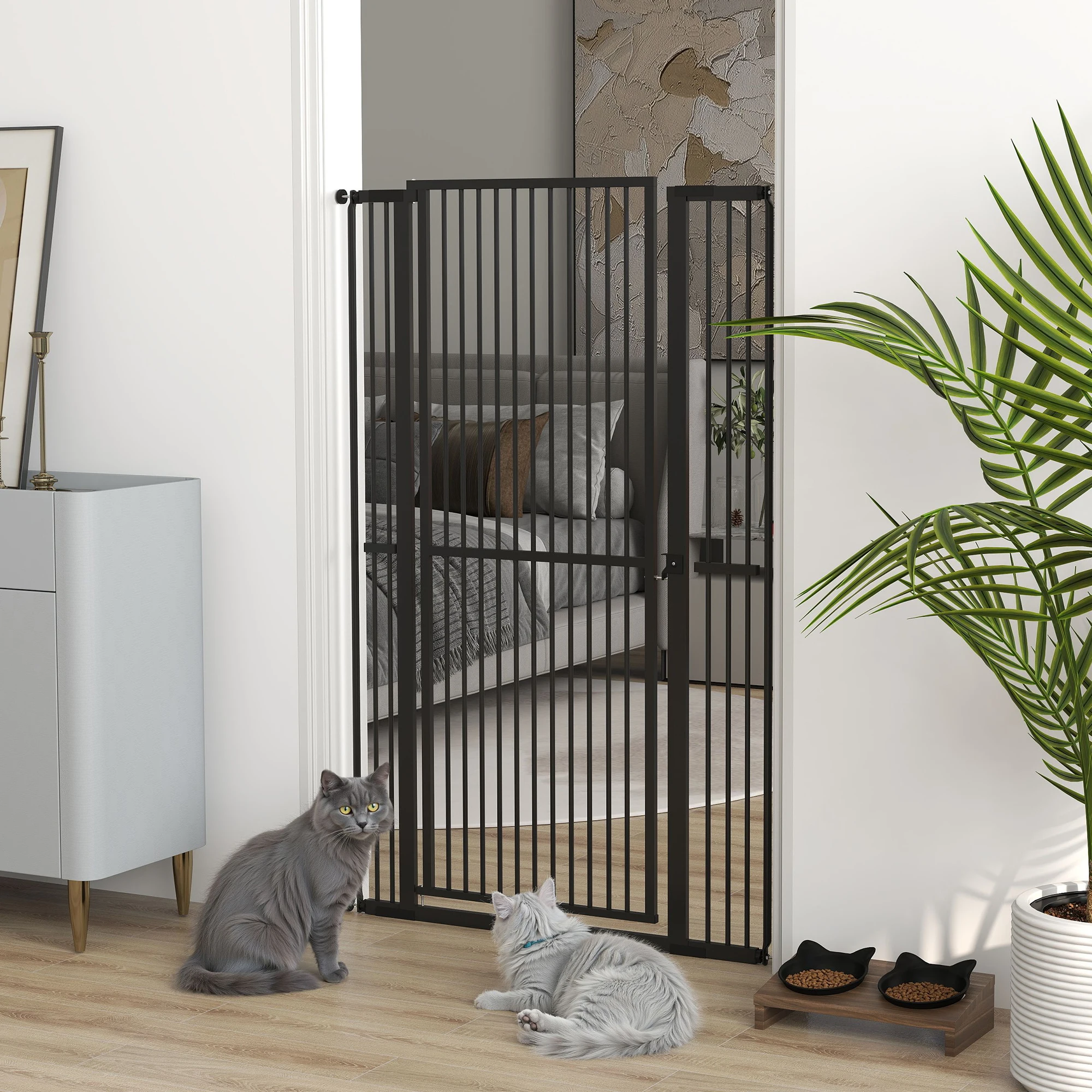 PawHut Barrera para Perros Extra Alta con Ancho Ajustable 77-104 cm Puerta para Perros con Extensiones y Puerta de Paso Negro