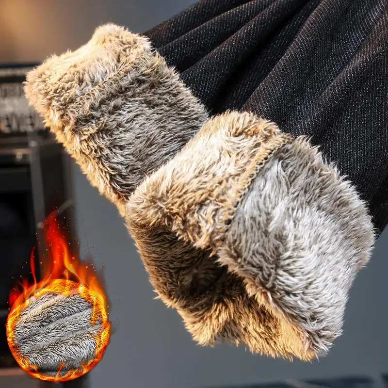 

Winter cold resistant and warm denim jeans for men, fashionable printed trend, elastic slim fit, small feet, and plush pants