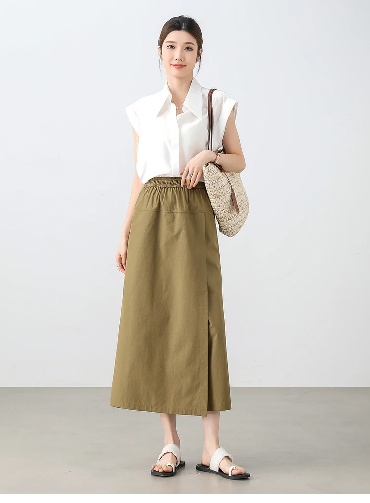 SENTUBILA Patchwork Pants Skirt for Women 2025 Spring A-line Cargo Pant Elastic Waist Casual Loose Slit Solid Trousers 151K57777