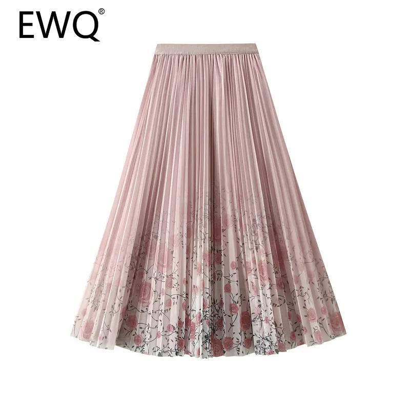 

EWQ Versatile Printed Mesh Long Skirt For Women Fashion Pleated Contrast Color High Waist Sweet Clothing 2024 Summer New 27X117