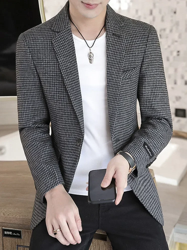 Men's Spring and Autumn New Business Casual Houndstooth Plaid Suit Long-sleeved Jacket 3 Colors Optional Large Size Suit