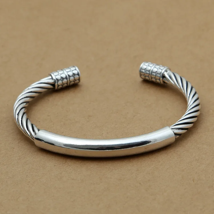 

S925 Pure Silver Jewelry Thai Silverhemp Rope Twisted Lines Strip Openings Bracelet Jewelry Bangle