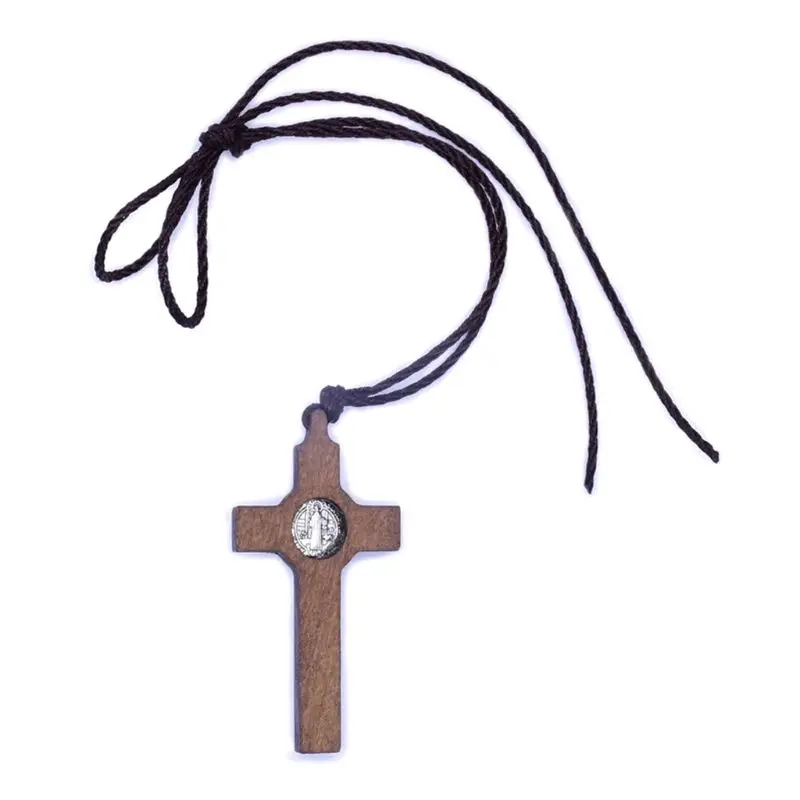 Retro Jesus Cross Necklace Wood Metal Pendant Orthodox Praying Chain Jewelry Catholic Religious Christian Crucifix Gift for Men