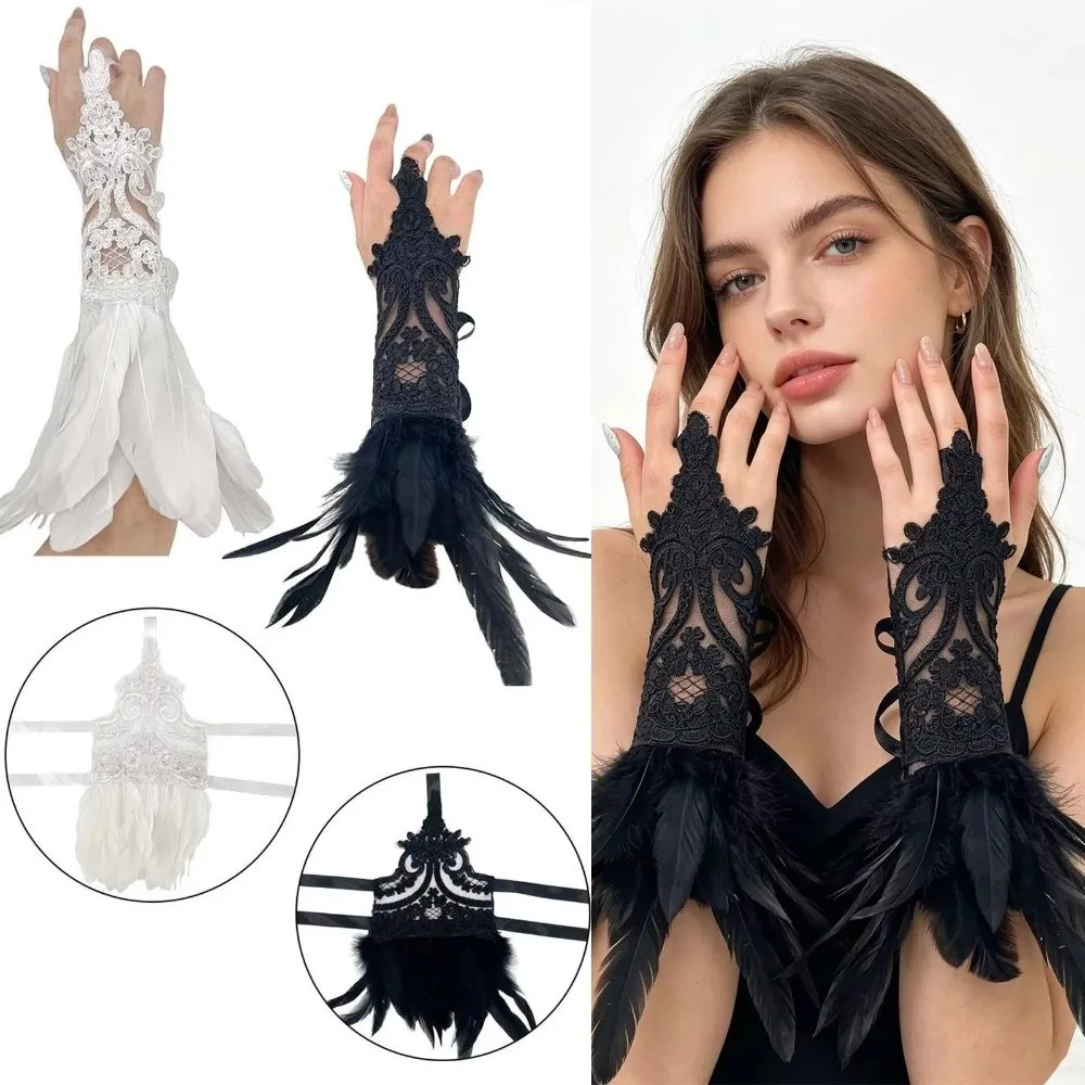 Witch Halloween Feather Gloves Embroidery Fingerless Halloween Feather Cuffs Gothic Lace Women Feather Lace Gloves Festival