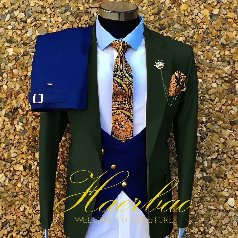 Traje de boda para novio para hombre, abrigo amarillo con chaleco azul, pantalones ajustados, traje Formal de 3 piezas, traje de fiesta hecho a