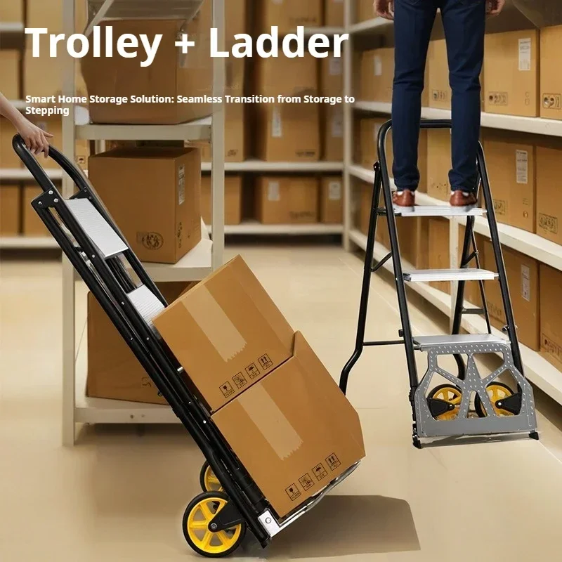 Multi functional aluminum alloy folding ladder handcart integrated, household folding ladder, luggage cart, portable handcart