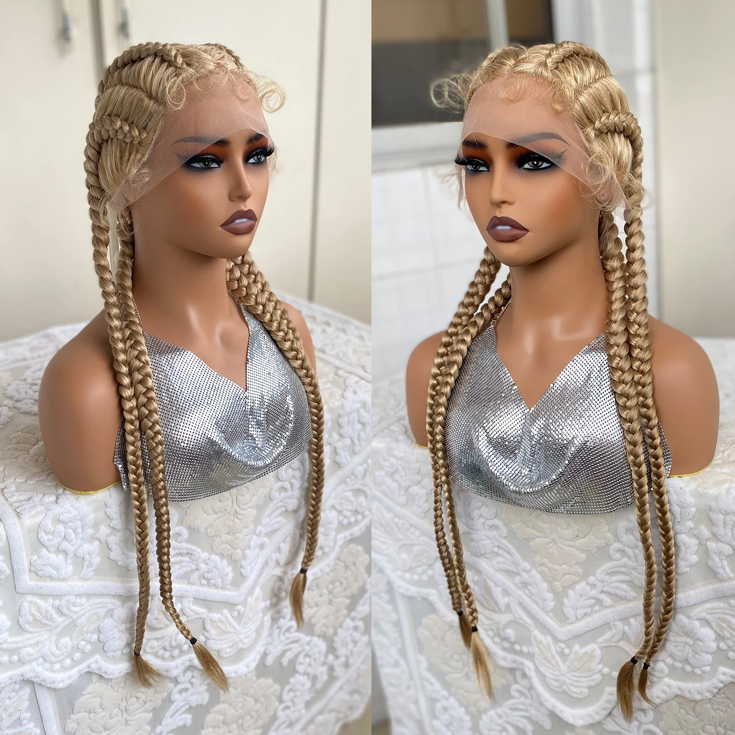 Synthetic Lace Front Wig Braided Wigs With Baby Hair 32 Inches 4 Twist Cornrow Braids Cosplay DIY Wig Synthetic Crochet Braids