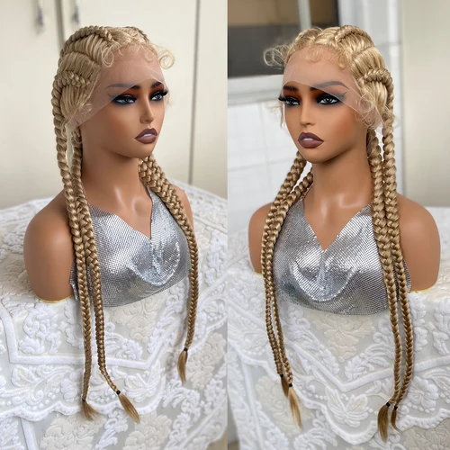 Peluca con malla frontal sintética, pelucas trenzadas con pelo de bebé, 32 pulgadas, 4 trenzas trenzadas, peluca DIY para Cosplay, trenzas de ganchillo sintéticas